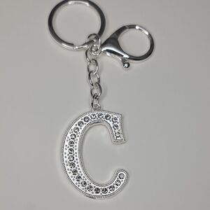 Letter C Initial C Alphabet C Rhinestone Silver Key Chain Bag Charm